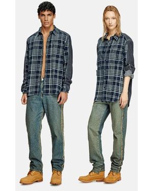 Timberland Overdyed Check And Denim Shirt, Blue, Size: L