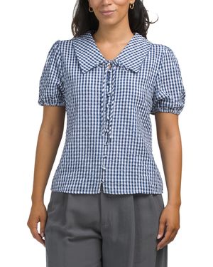 TJ Maxx Gingham Front Tie Top With Exaggerated Collar Detail, Cotton/Polyester - Blue