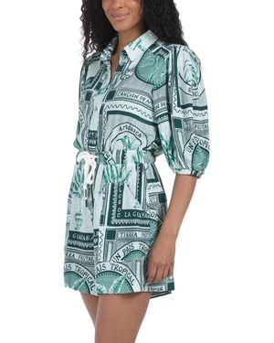 TJ Maxx Linen Blend Botanical Drawstring Cover-Up Playsuit For Linen/Rayon - Blue