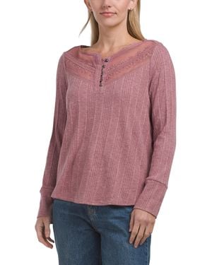 TJ Maxx Long Sleeve V-Neck Top With Lace Trim For Nylon/Polyester/Rayon - Pink