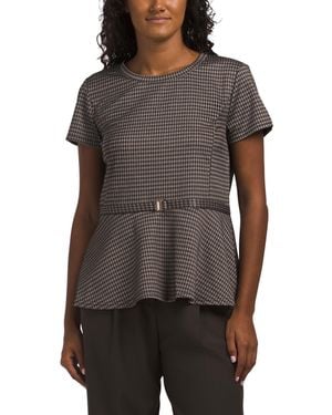 TJ Maxx Birdseye Jacquard Peplum Hem Belted Short Sleeve Top For Spandex/Polyester/Rayon - Gray