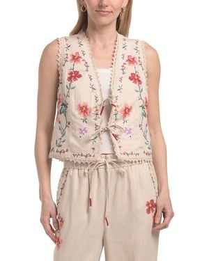 TJ Maxx Linen Blend Solid Embroidery Vest Top With Tie Front, Polyester/Linen/Rayon - Multicolor