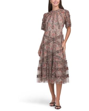 TJ Maxx Short Sleeve Microruffle Tea-Length Dress For Polyester - Brown