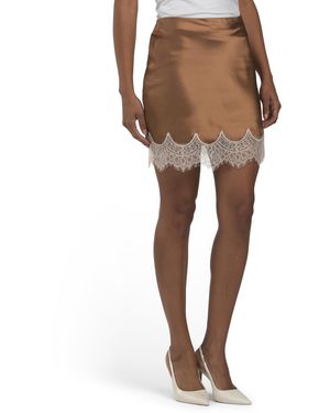 TJ Maxx Moonlit Affair Satin Mini Skirt With Eyelash Scalloped Lace Hem For Nylon/Spandex/Polyester - Natural