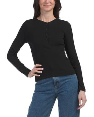 TJ Maxx Long Sleeve Half Button Down Henley Neck Top For Spandex/Rayon - Black