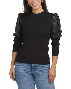 TJ Maxx Puff Sleeve Sweater, Nylon/Cotton/Leather - Black