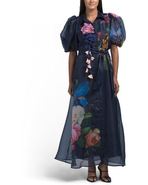 TJ Maxx Puff Sleeve Floral Maxi Dress With Appliques For Spandex/Polyester - Blue