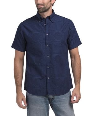 TJ Maxx Jacquard Short Sleeve Button Front Shirt For Cotton - Blue