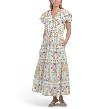 TJ Maxx Flutter Sleeve Floral Maxi Dress For Cotton - White