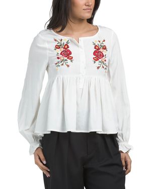 TJ Maxx Peasant Sleeve Blouse With Floral Embroidery For Rayon - White