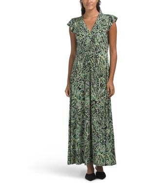 TJ Maxx Flutter Sleeve Smocked V-Neck Maxi Dress For Spandex/Polyester - Green