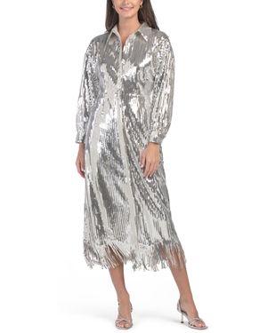 TJ Maxx Brooke Sequin Fringe Shirt Dress For Polyester - White
