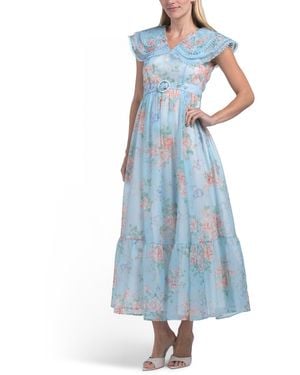 TJ Maxx Oversized Collar Floral Maxi Dress With Belt For Spandex/Polyester - Blue
