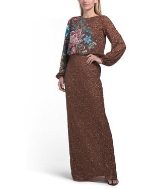 TJ Maxx Long Sleeve Floral Beaded Blouson Gown For Polyester - Brown
