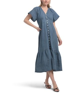 TJ Maxx Flutter Sleeve Ruched Waist Midi Dress For Cotton - Blue