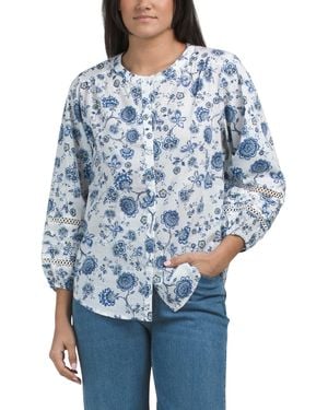 TJ Maxx Long Sleeve Lace Detail Button Up Top For Cotton - Blue