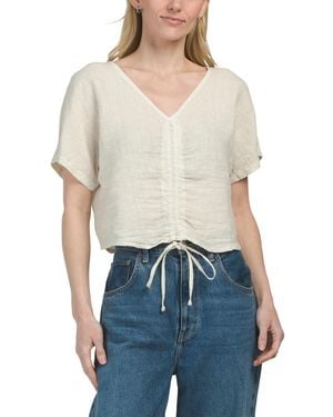 TJ Maxx Linen Cropped Short Sleeve Drawstring Shirt - Blue