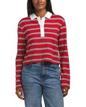 TJ Maxx Long Sleeve Cropped Rugby Striped Polo With Contrast Collar For Spandex/Polyester/Rayon - Red
