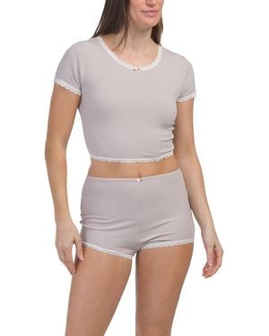 TJ Maxx Ribbed Short Sleeve Kiki Cropped Top And Shorts Pajama Set For Spandex/Rayon - White