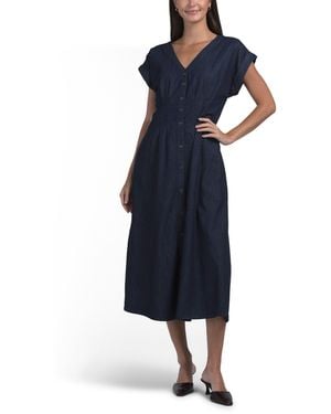 TJ Maxx Short Sleeve Pleated Waist Denim Dress For Cotton - Blue