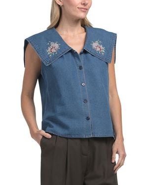 TJ Maxx Sleeveless Embroidered Collar Denim Shirt For Cotton/Polyester/Viscose - Blue