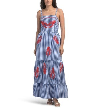 TJ Maxx Sleeveless Lobster Embroidered Gingham Maxi Dress For Cotton - Blue