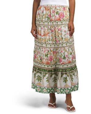 TJ Maxx Linen Blend Printed Tiered And Flared Skirt With Piping Details For Linen/Rayon - Green