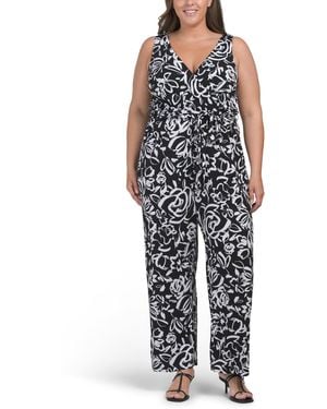TJ Maxx Plus Print Knit Jumpsuit With Tie Waist Belt For Spandex/Polyester - Black