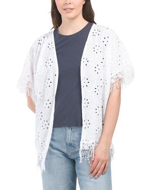 TJ Maxx Floral Fringe Kimono Eyelet Wrap For Cotton - Blue