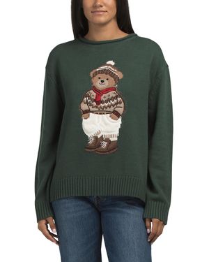 TJ Maxx Teddy Motif Rolled Crew Neck Knit Pull Over Sweater, Cotton/Acrylic - Gray