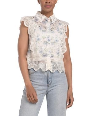 TJ Maxx Floral Eyelet Button Up With Crochet Collar For Polyester - Blue