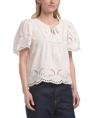 TJ Maxx Linen Blend Short Sleeve Ruffle Split Neck Bib Crochet Top, Linen/Rayon - White