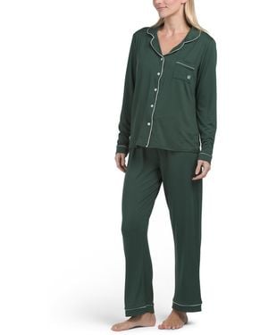 TJ Maxx 2Pc Long Sleeve Notch Collar Pajama Set With Contrast Trim For Spandex/Polyester - Green