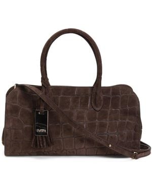 TJ Maxx Suede East West Crocodile Embossed Satchel And Metal Tag - Brown