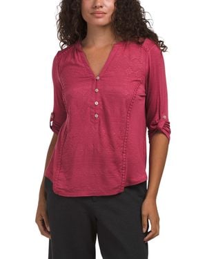TJ Maxx Mixed Media Roll Tab Top With Embroidered Details For Spandex/Rayon