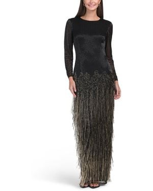 TJ Maxx Long Sleeve Embellished Fringe Gown For Polyester - Black