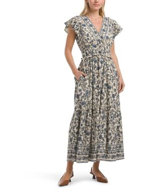 TJ Maxx Flutter Sleeve V-Neck Floral Maxi Dress For Cotton/Linen/Rayon - Blue