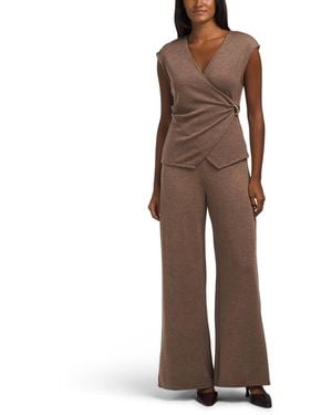 TJ Maxx 2Pc V-Neck Top With Side Metal Clasp And Wide Leg Pants Set, Spandex/Polyester - Brown