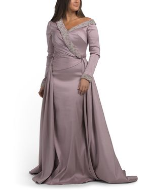TJ Maxx Long Sleeve Fit And Flare Gown With Overskirt For Polyester - Purple