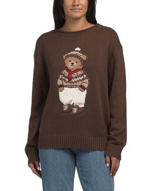 TJ Maxx Teddy Motif Rolled Crew Neck Knit Pullover Sweater, Cotton/Acrylic - Brown