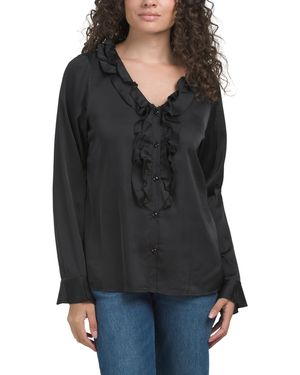 TJ Maxx Silky Blouse With Center Flounce Detail For Spandex/Polyester - Black