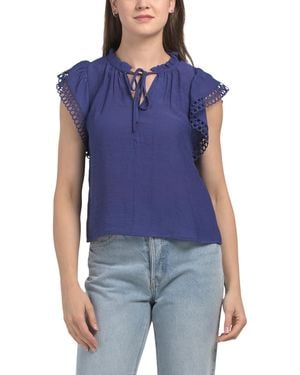 TJ Maxx Petite Lace Trim Tie Neck Top For Polyester/Rayon - Blue