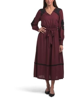 TJ Maxx Long Sleeve Floral Embroidered Maxi Dress With Belt For Rayon - Purple