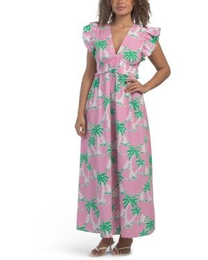 TJ Maxx Flutter Sleeve V-Neck Palm Print Midi Dress For Cotton - White