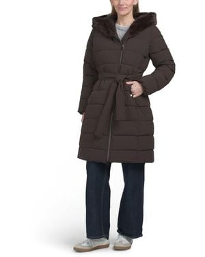 TJ Maxx Heavyweight Faux Fur Trimmed Belted Puffer Jacket, Polyester - Black