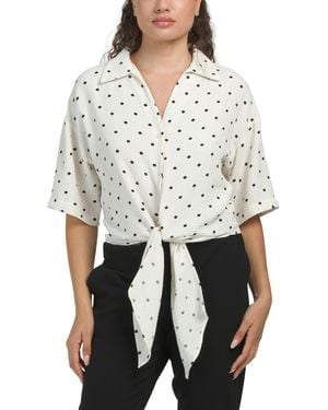 TJ Maxx Airflow Polka Dot Short Sleeve Tie Front Shirt For Polyester - White