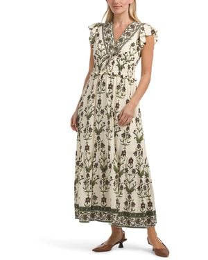 TJ Maxx Flutter Sleeve V-Neck Floral Maxi Dress For Cotton/Linen/Rayon - White