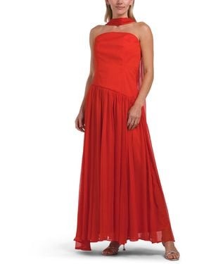 TJ Maxx Strapless Assymetrical Waist Gown With Neck Scarf For Polyester - Red