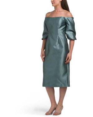 TJ Maxx Off The Shoulder Puff Sleeve Tea-Length Dress For Polyester - Green