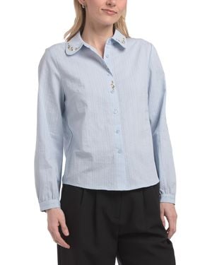 TJ Maxx Embroidered Floral Button Front Shirt For Cotton - Blue
